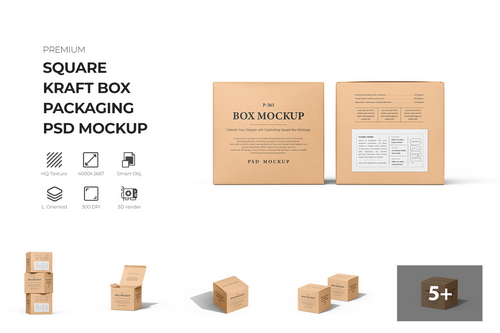 Square Kraft Box Packaging PSD Mockup