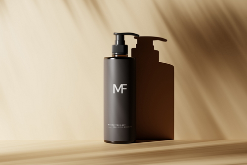 Amber Glass Slim Pump Bottle Mockups with Shadows