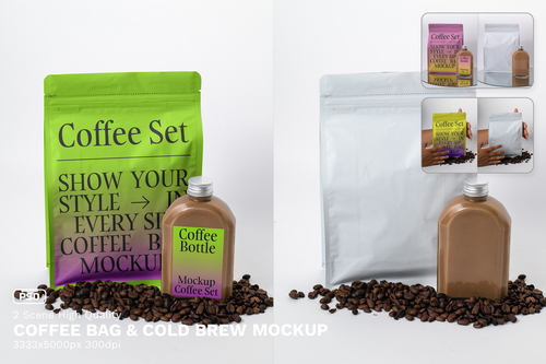 Coffee Bag & Cold Brew Bottle Mockup