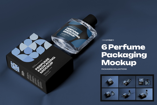 6 Perfume Packaging Mockups. Box and Bottle