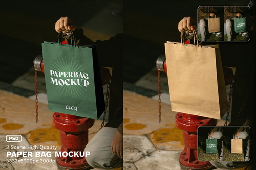 3 Realistic Scene High Quality Paper Bag Mockup - VOL 2