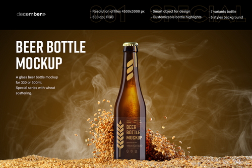 7 Mockups of Glass Beer Bottle With Flying Wheat