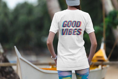 T-Shirt Mockup Female Model Vacation Scene 03