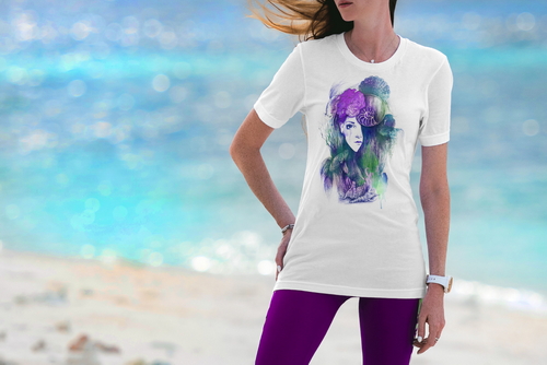 T-Shirt Mockup Female Model Vacation Scene 08
