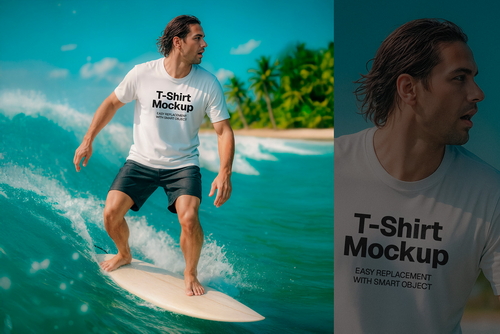 Surfer T-Shirt Mockup on Tropical Ocean Wave