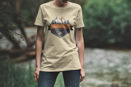 T-Shirt Mockup Female Model Adventure Scene 08