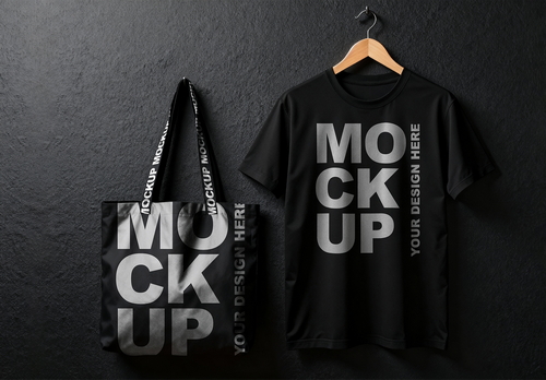 Professional Black T-Shirt and Tote Bag Mockup Hanging from a Wooden Hanger Against a Black Wall