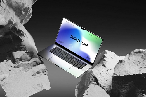 Floating Laptop Rocky Scene Mockup