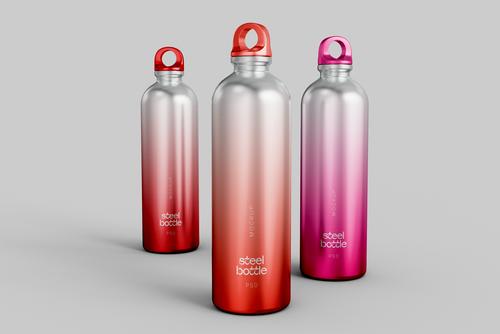 Three Metallic Sporty Bottles Mockup