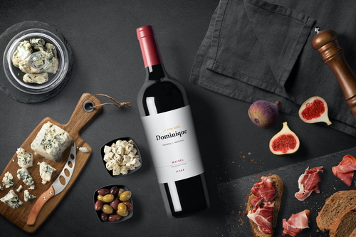 Red Wine Bottle Mockup and Snacks Scene