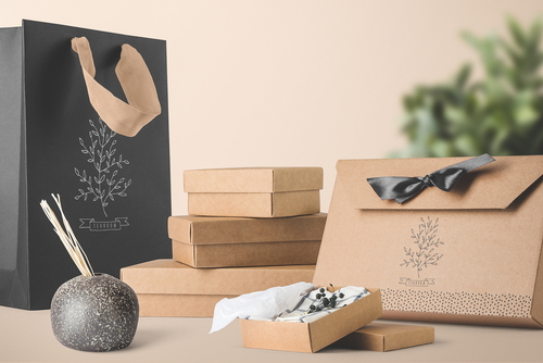 Gift Packaging and Bag Mockup Front View Scene