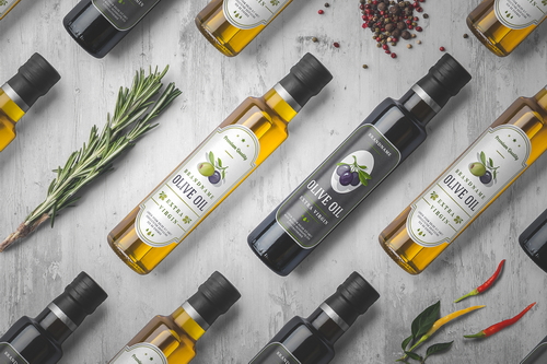 Olive Oil Bottles and Herbs Packaging Mockup Scene 02