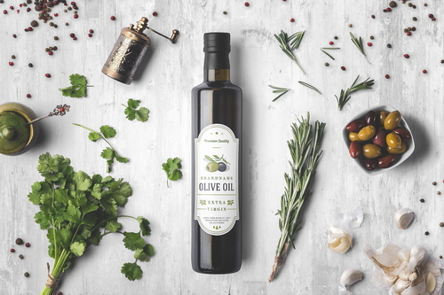 Olive Oil Bottle and Herbs Packaging Mockup Scene 01