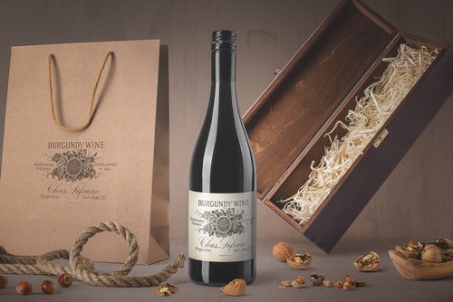 Wine Bottle and Packaging Mockup Front View Scene 02