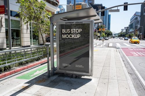 Downtown Bus Stop Billboard Mockup Scene