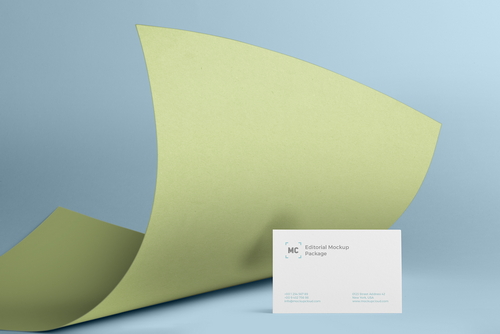 Business Card and Curved Paper Mockup Scene 02