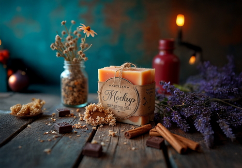 Artisan Soap Mockup With Chocolate Cinnamon Lavender On A Rustic Wood Table