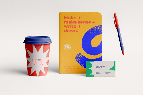 Branding Stationery Mockup &ndash; Notebook, Coffee Cup, Pen & Business Card Scene
