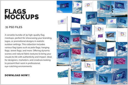 35 Flag Mockups – Realistic Outdoor & Fabric Banner Templates for Branding & Advertising