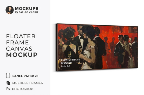 Hanging Landscape Floater Frame Canvas Mockup Ratio 2x1
