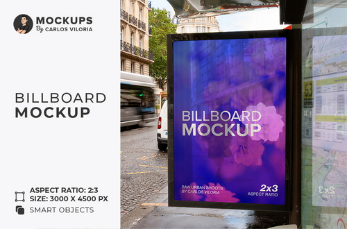 Paris Bus Stop Billboard Mockup 001 | Urban Outdoor Advertising PSD