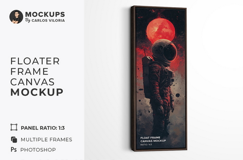 Hanging Portrait Floater Frame Canvas Mockup - Ratio 1x3