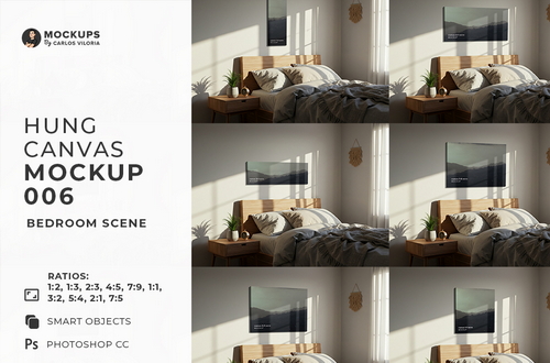 Hung Canvas Mockup Pack 006 – Bedroom Scene