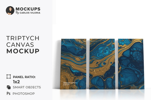 Front Leaning Triptych Canvas Ratio 1×2 Mockup – Realistic Interior Scene