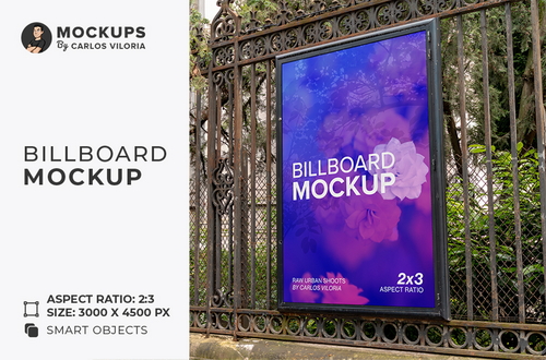 Paris Iron Fence Billboard 2x3 Mockup | Outdoor Poster PSD