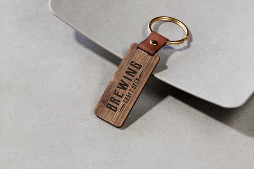 Wooden Key Chain with Leather Holder Mockup