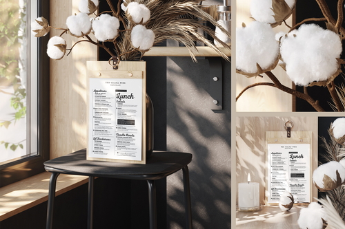 Wooden Menu Holder with Leather Strap and Ring Mockup