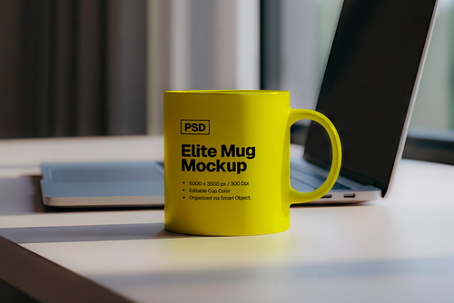 Elite Mug Mockup &mdash; Realistic Desk Scene PSD