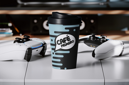 Paper Coffee Cup with Gamepads Mockup