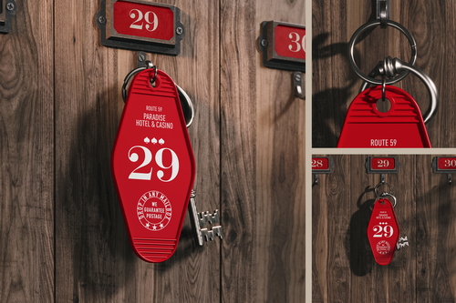 Hotel Key Ring is Hanging on the Key Rack Mockup