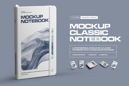 6 Mockups of Classic Notebook with Band and Hard Cover