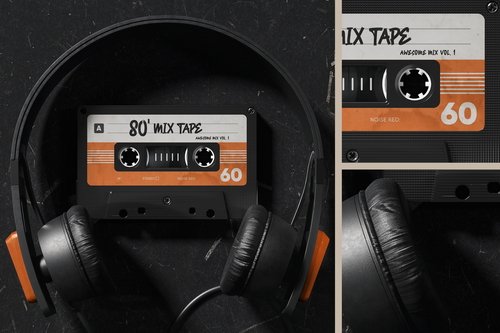 Retro Audio Cassette with Headphones Mockup
