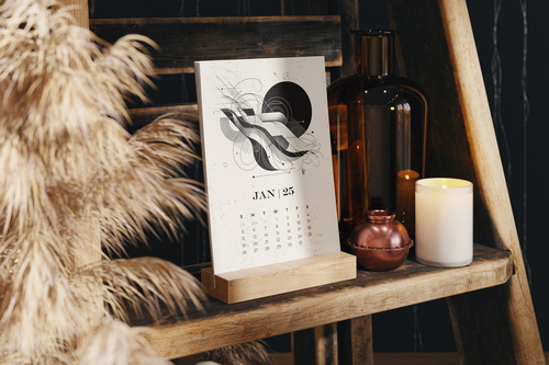 Desk Calendar on a Wooden Stand Mockup