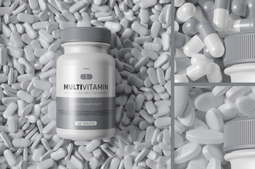 Supplement Bottle on a Pile of Pills Mockup