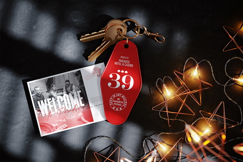 Hotel Keychain with Gold Ring in Vintage Style Mockup