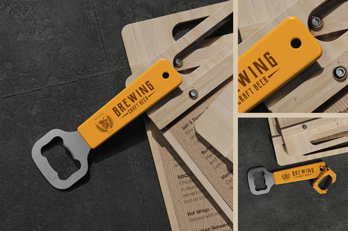 Bottle Opener Near Wooden Menu Holder Mockup