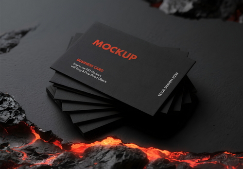 Dramatic Fanned Business Card Mockup in Lava Crevice