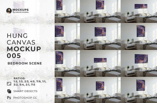 Hung Canvas Mockup Pack 005 &ndash; Bedroom Scene