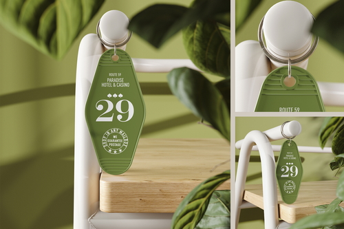 Hotel Keychain Hanging on a Chair Mockup