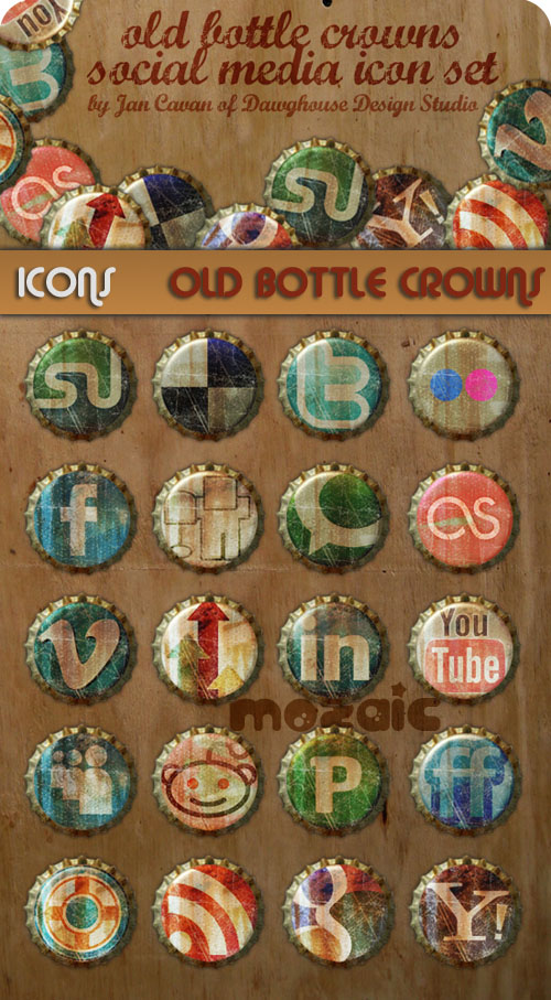 Old Bottle Crowns Social Media Icon Set