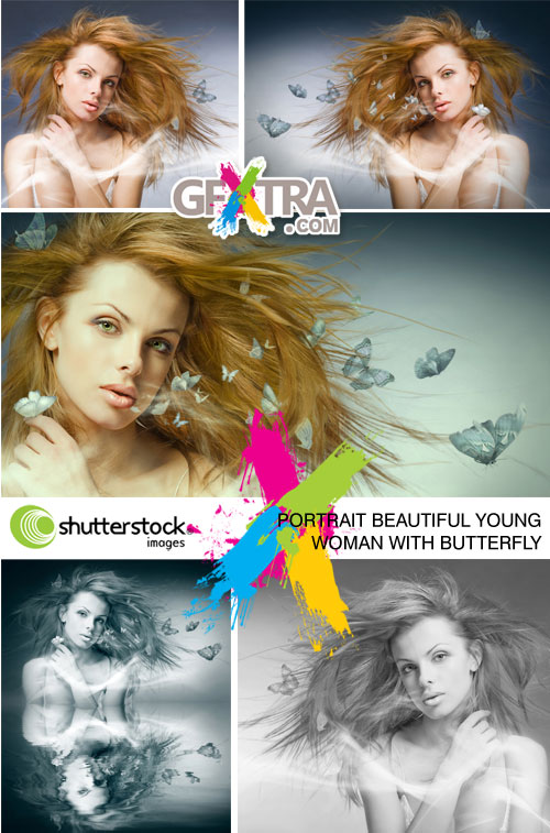 Portrait Beautiful Young Woman with Butterfly 5xJPGs - Shutterstock