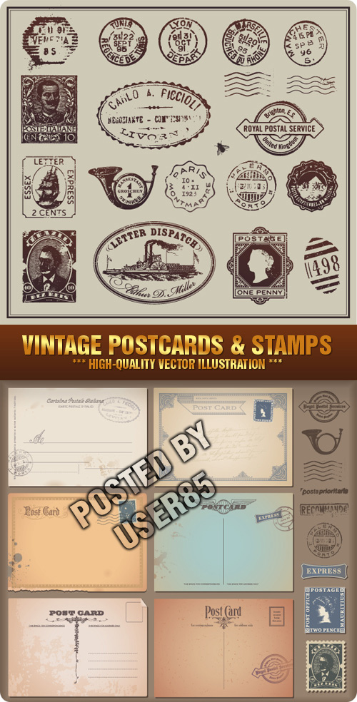 Stock Vector - Vintage Postcards & Stamps