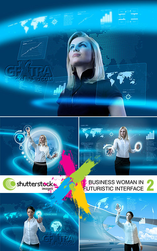 Business Woman in Futuristic Interface-2, 5xJPGs - Stock Image