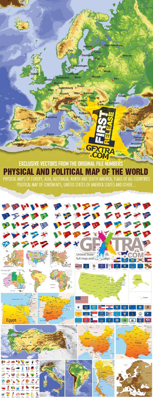 Physical and Political Map of the World, 50xEPS Stock Vectors