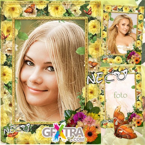 Frame with a bouquet of yellow roses and butterflies - Solar mood