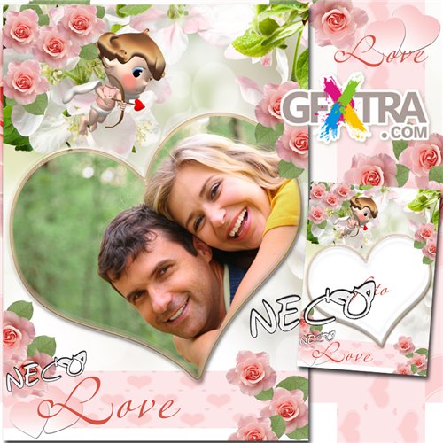 Romantic frame with roses and Cupid - Our Love